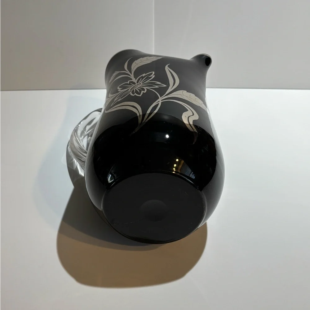 Black Glass Floral Pitcher Silver Etched Flowers Clear Handle Vintage