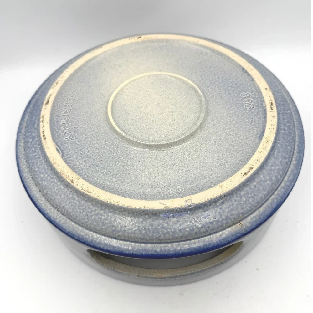 Vtg 1960s West Germany 4pc-10in 3 Plate Set & carrier Blue Salt Glazed Stoneware