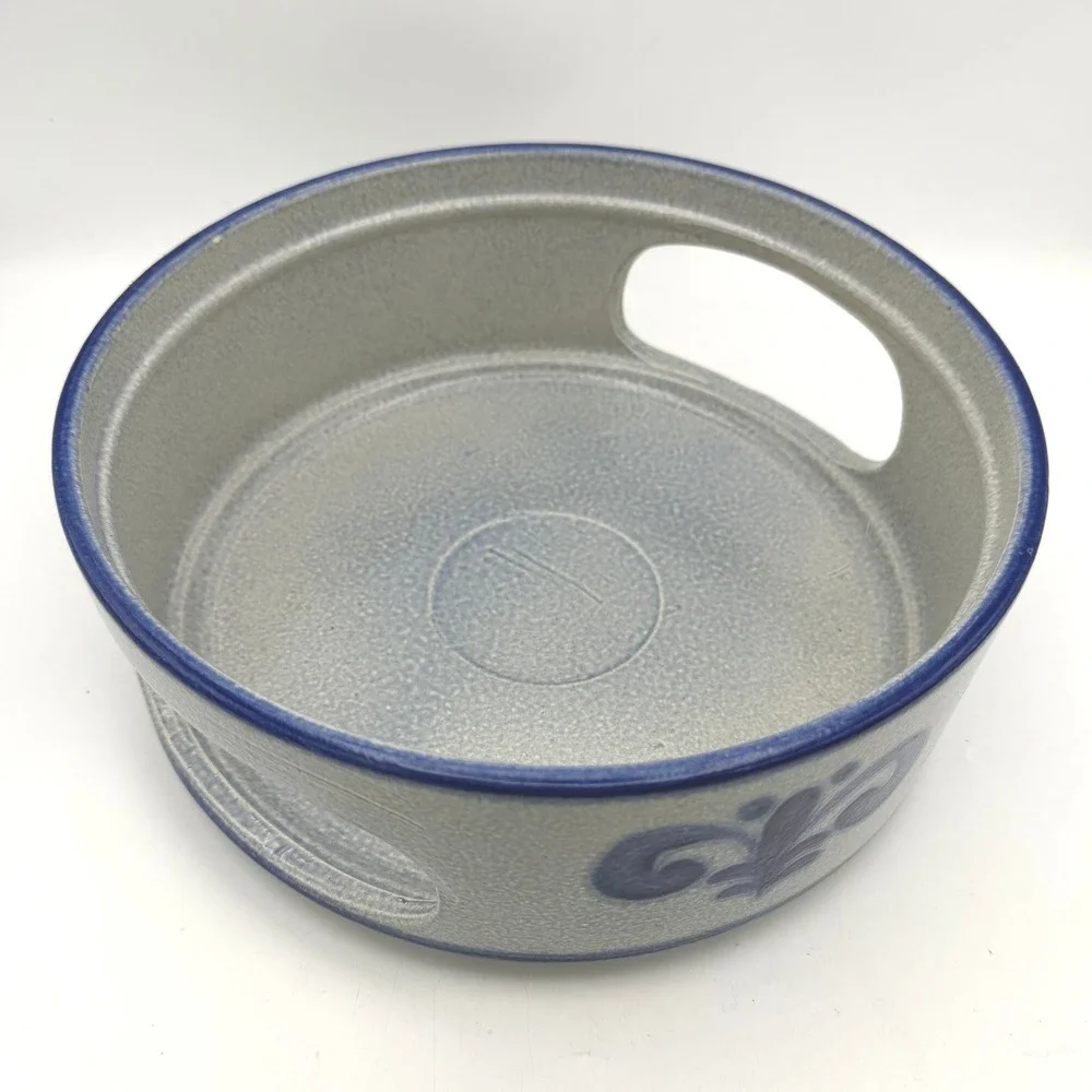 Vtg 1960s West Germany 4pc-10in 3 Plate Set & carrier Blue Salt Glazed Stoneware