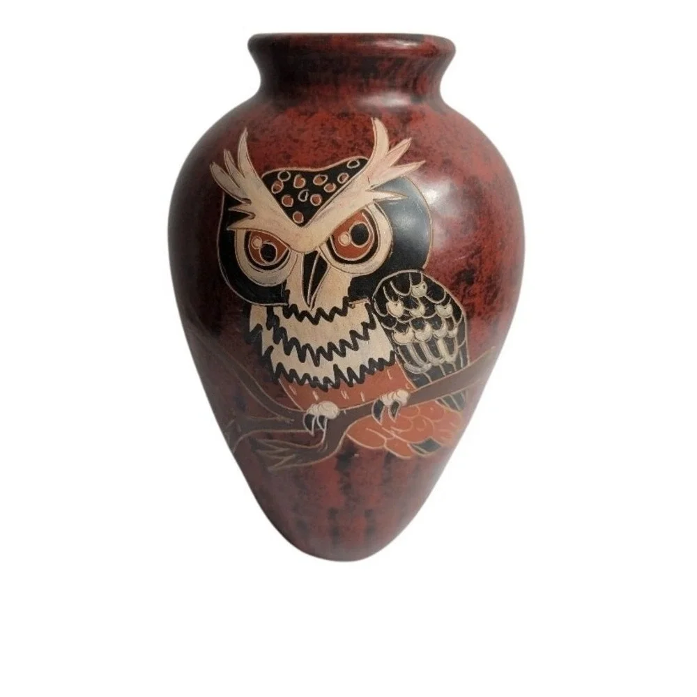 Nicaraguan Pottery‎ OWL Vase Signed Calera Rustic Brown Handmade Home Decor 8