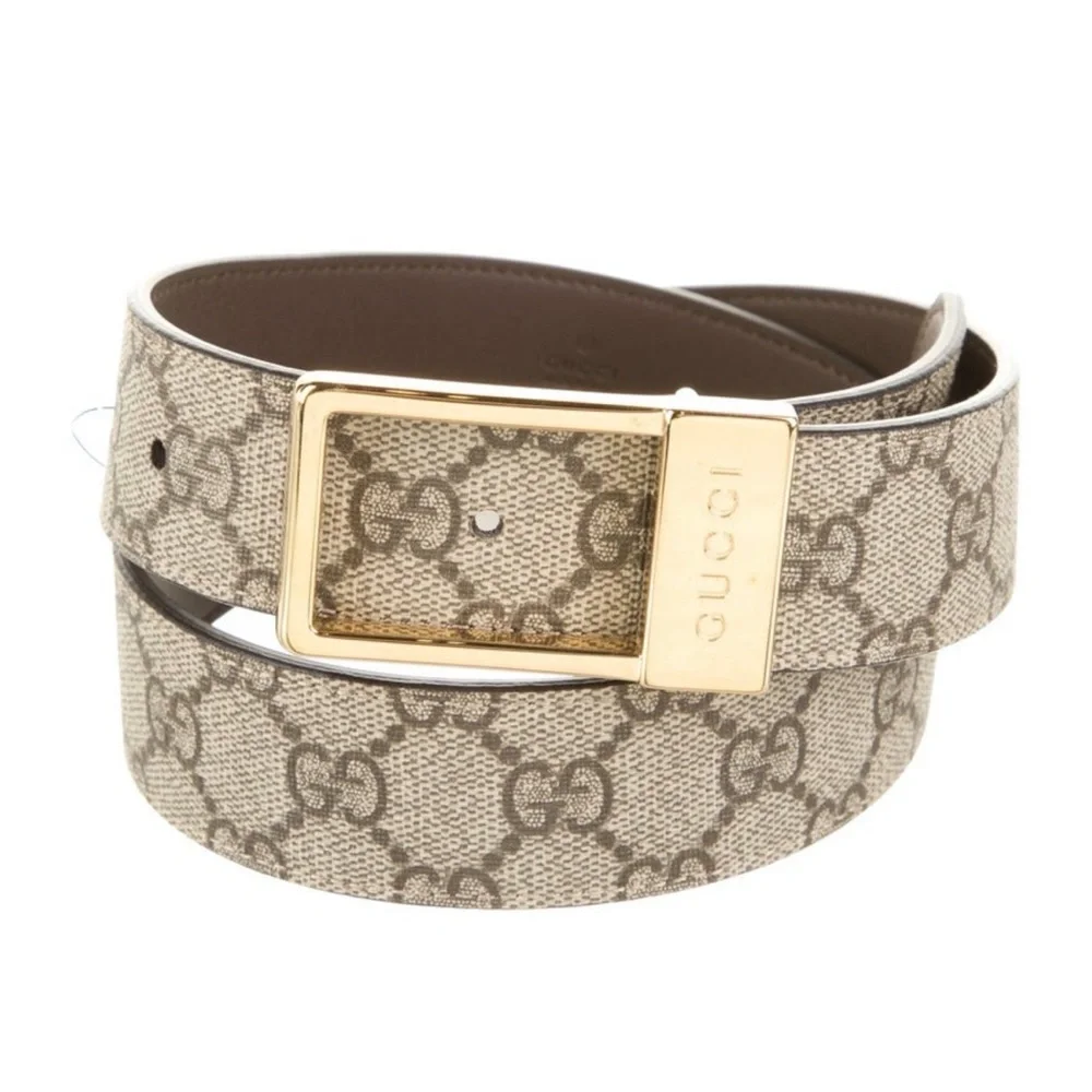 💋Gucci‎ Beige and Brown Monogram Belt with Gold Buckle