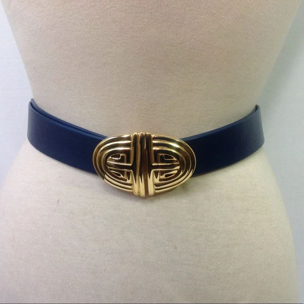 Vintage Blue Leather Belt Buckle Gold Crest