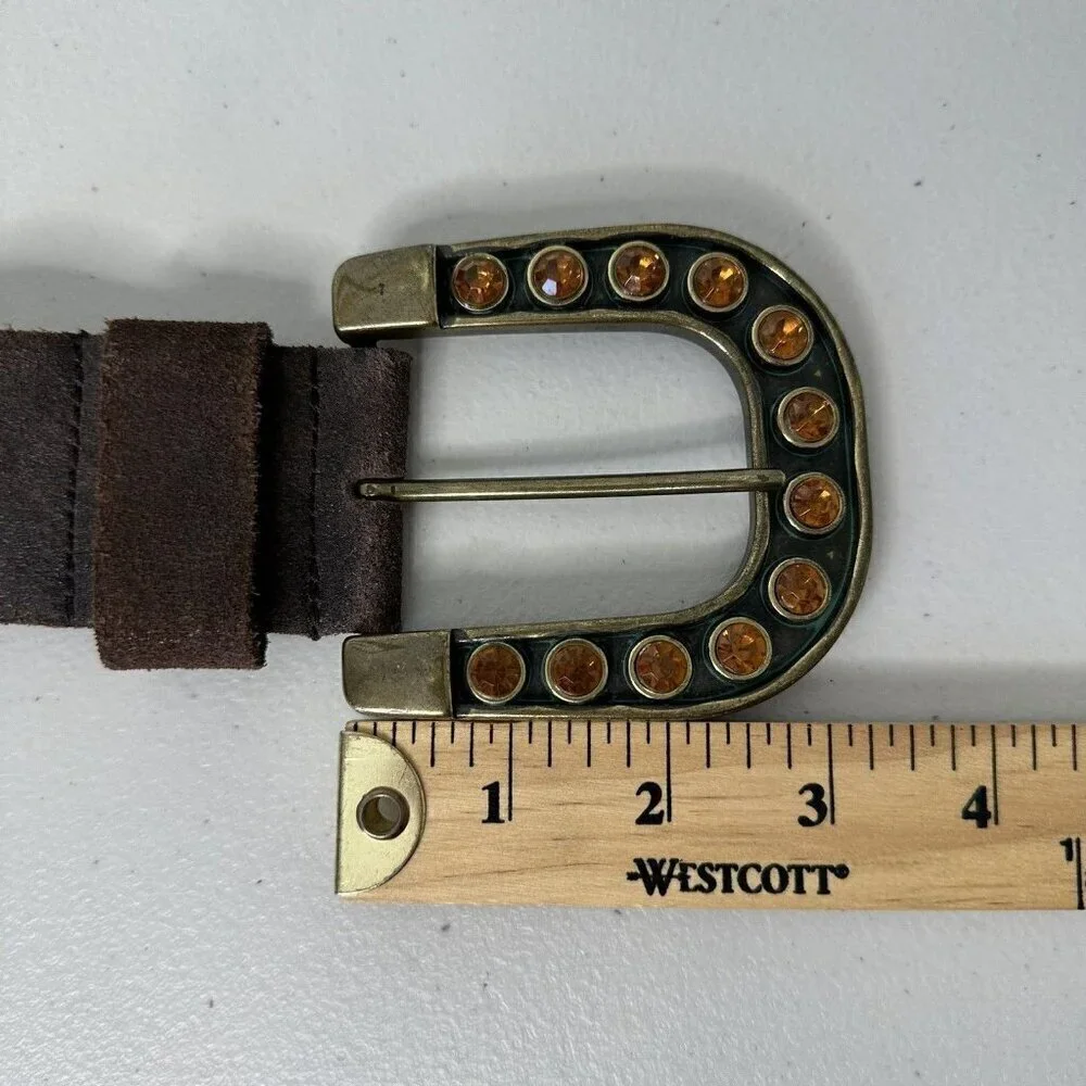 Steve Madden Belt Brown Suede Leather Brass Buckle‎ Rhinestone Size M
