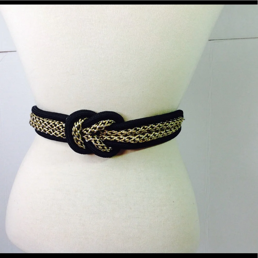 Vintage Black Gold Belt Silver Knot Cording Buckle