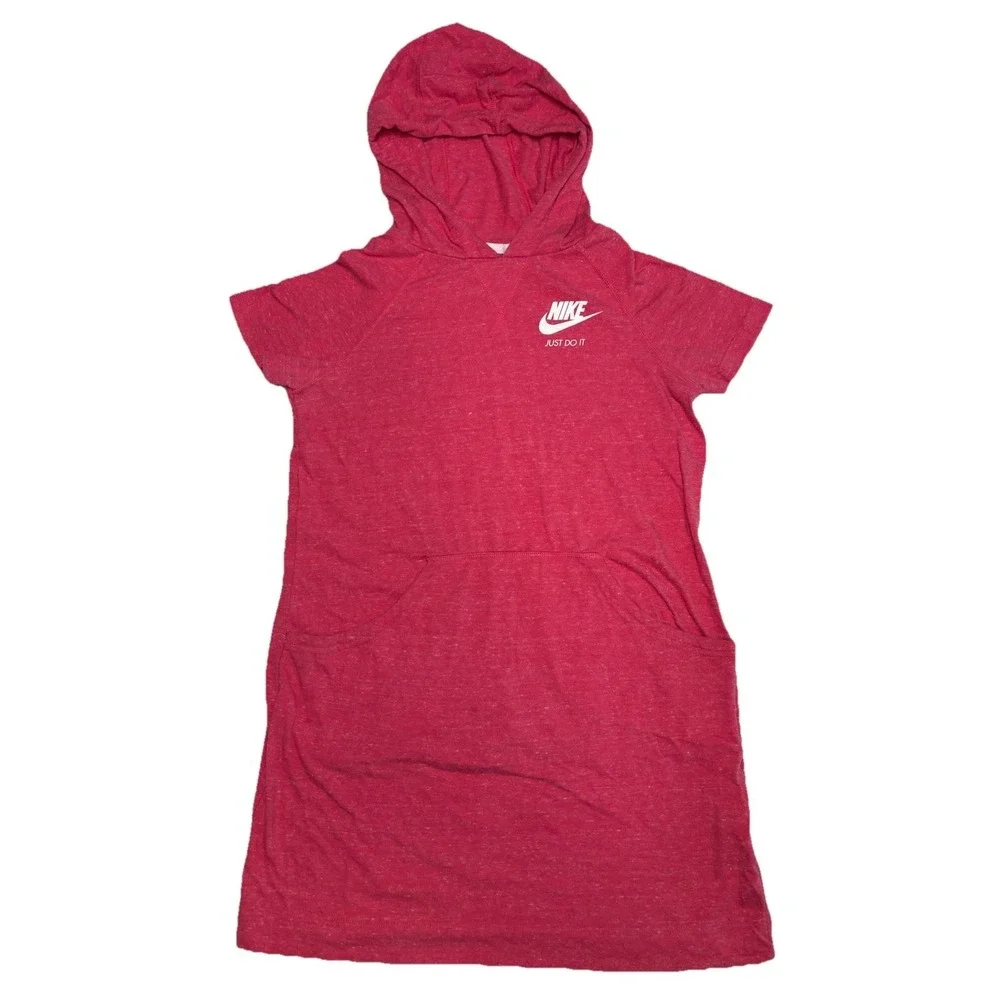Nike Just Do It Hoodie Dress Red Heather Youth XL Short Sleeve Kangaroo Pocket‎