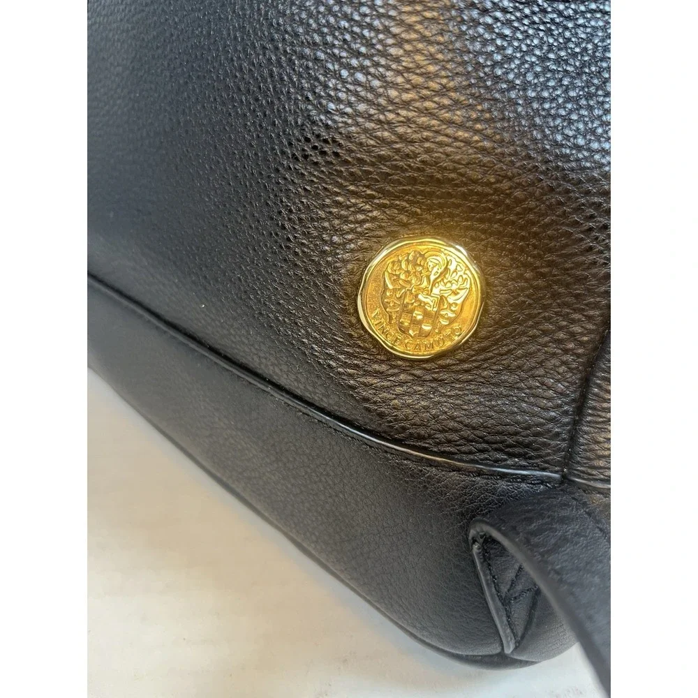 Vince Camuto Women's Madox Backpack Black Leather Metallic Gold Logo Travel Bag