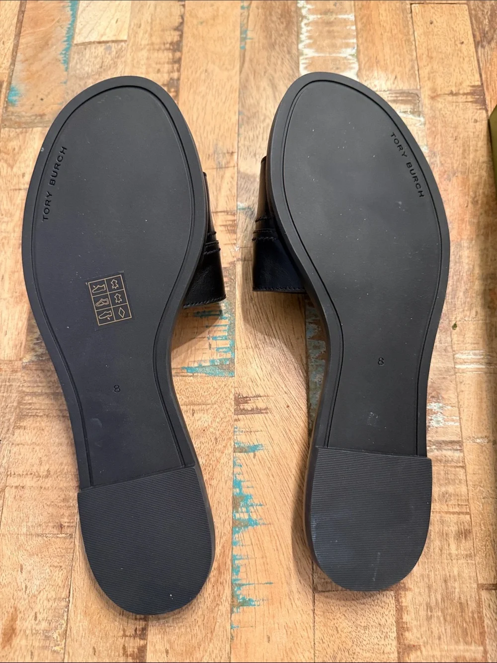 Tory Burch Everly Slides Black Leather Logo Sandals - Gold Emblem NEW