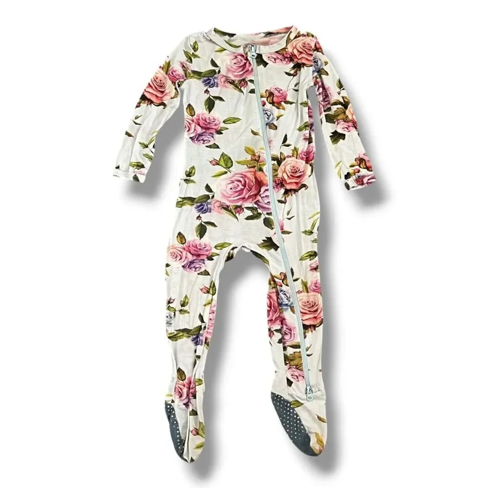 HAPIU Bamboo Light Blue with Roses Dual Zip Footie Sleeper Pajama Size 12-18M