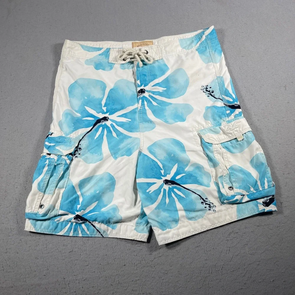 VTG Hollister Swim‎ Trunks Men XL Blue Floral Hawaiian Board Shorts Pockets Y2K