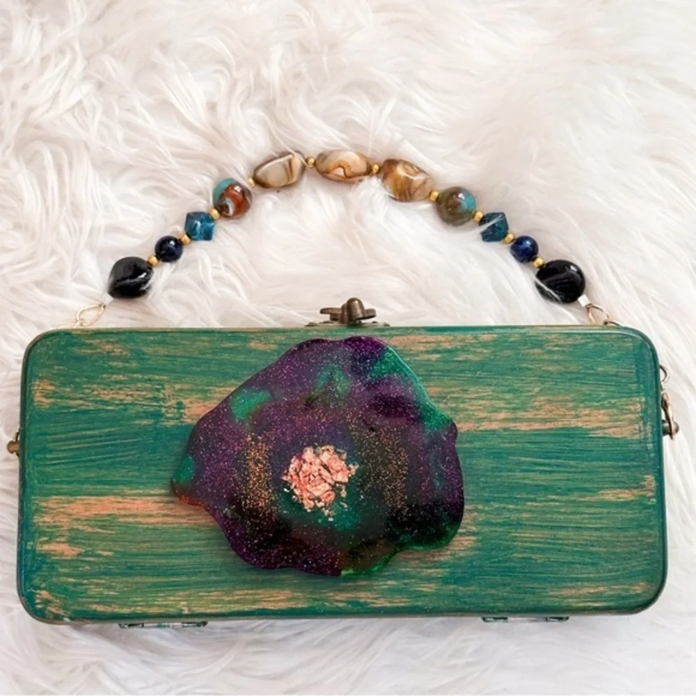 Unique Handcrafted Green and Purple Wooden Clutch