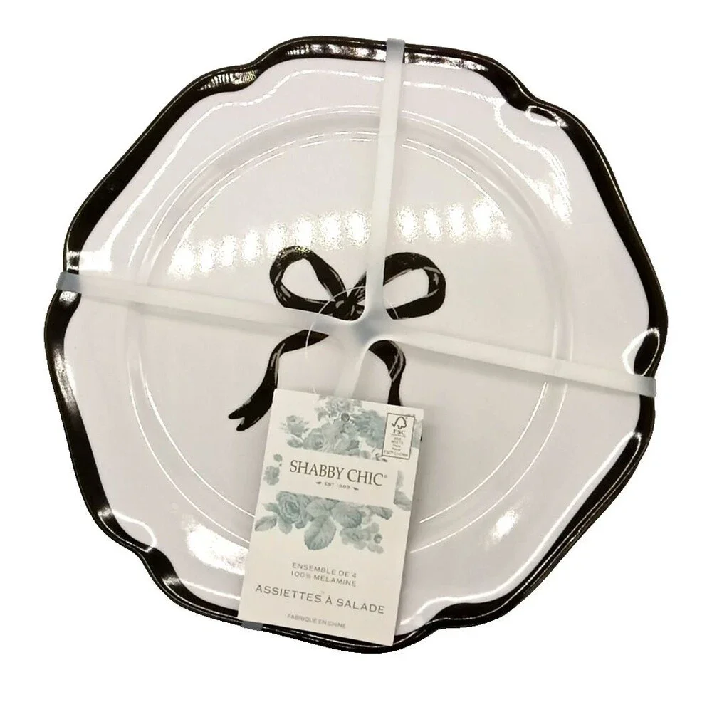 Shabby Chic Set of 4 Black Bow Melamine Salad Plates NWT