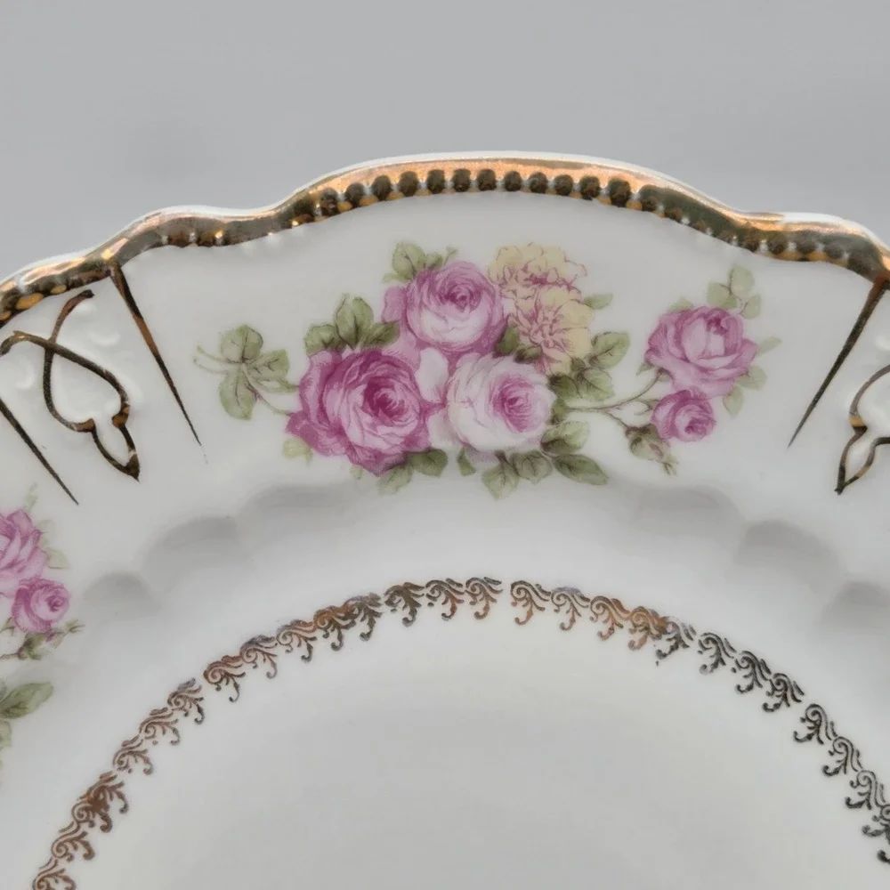Set Of 5 Three Crown China Germany Floral Rose Salad / Dessert Plates Gold Gilt