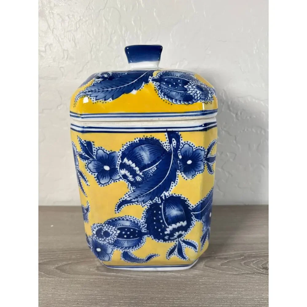 Chinese Chinoiserie-Inspired BLUE & YELLOW Rectangular Lidded Canister 10