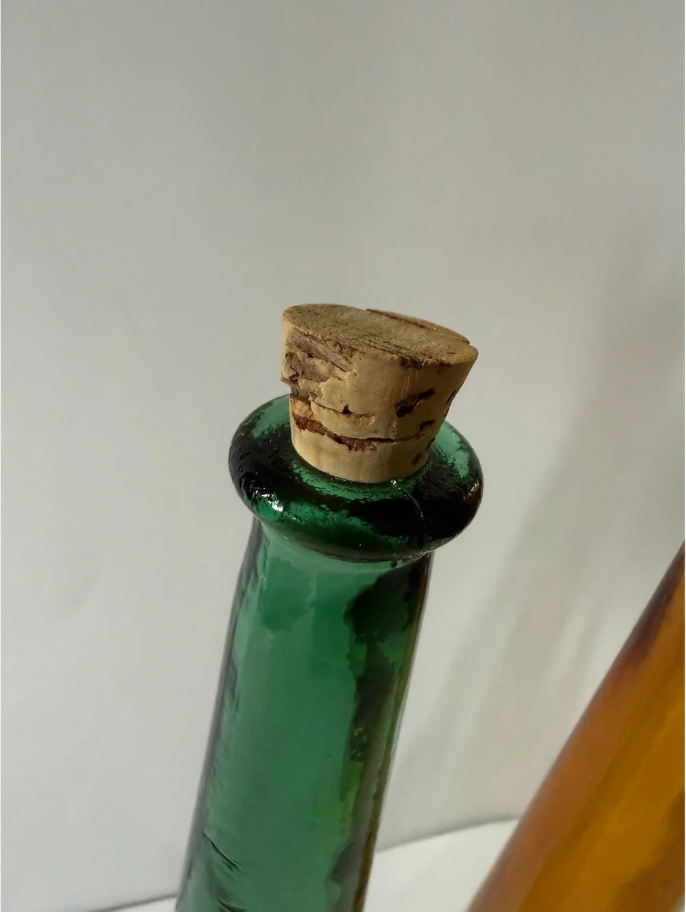 Vintage Hand Blown Art Glass Decanter Bottle Pair Green Amber 12” Cork Stoppers