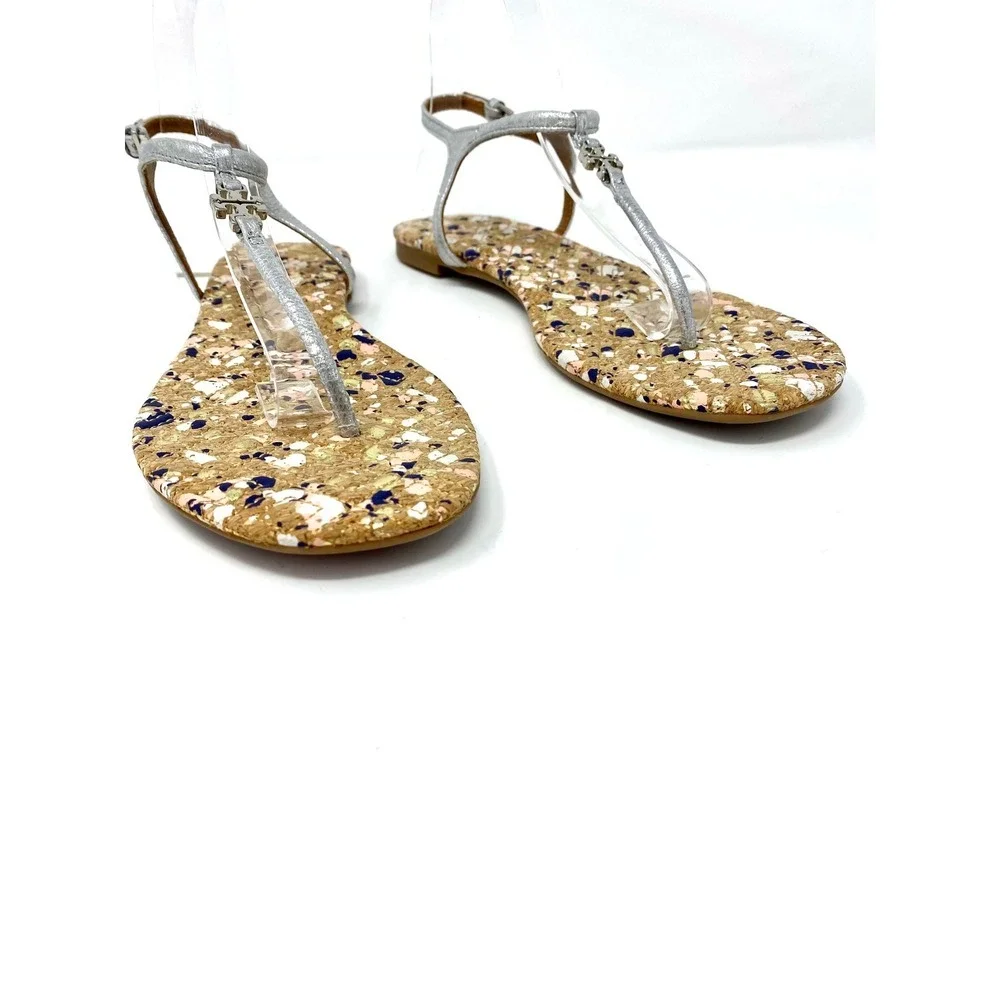 Tory Burch Silver Metallic Leather Cork Splatter Logo Thong Sandals Womens 7.5