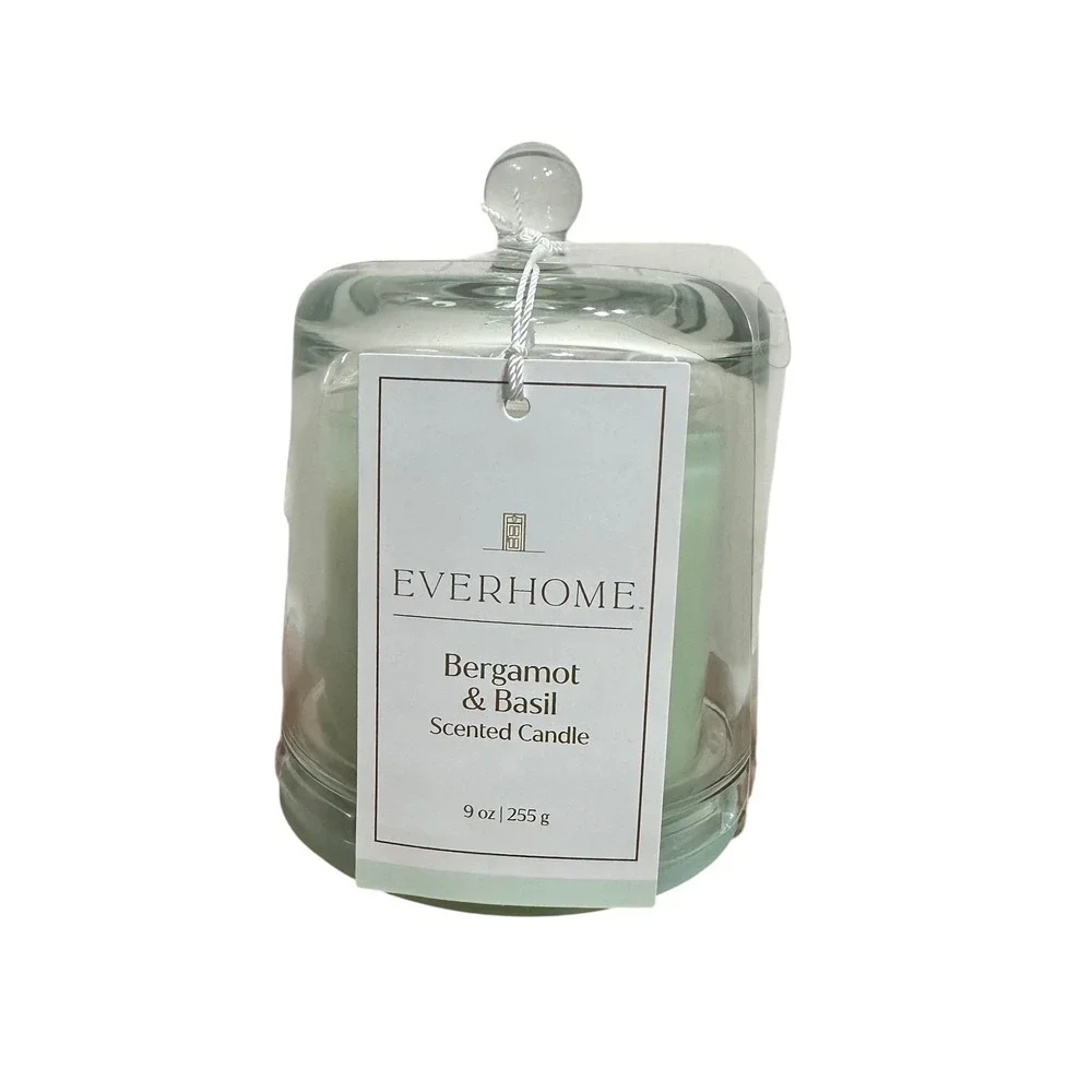 Everhome Bergamot & Basil Scented Candle 9oz with Glass Cloche Mint Green Jar