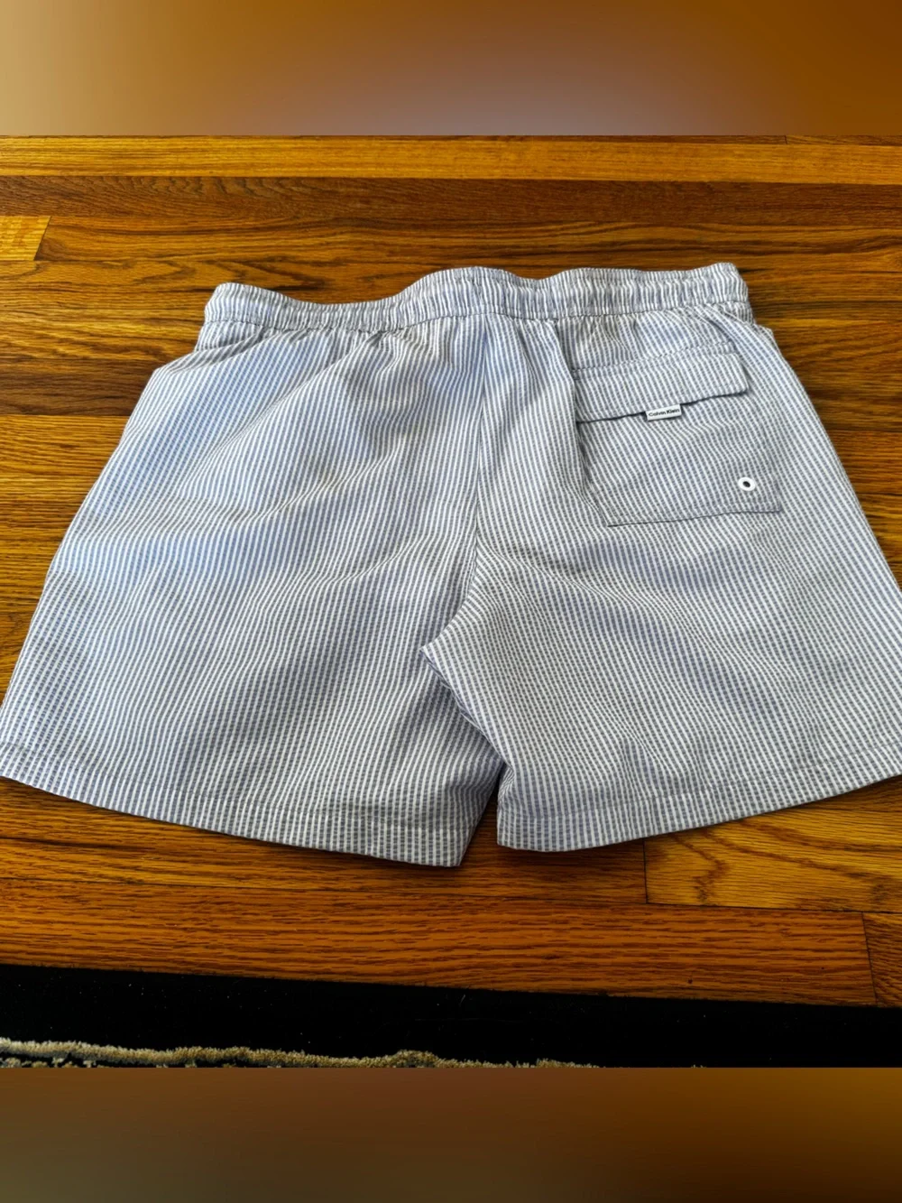 Calvin Klein Blue and White Striped Men's Swim Trunks