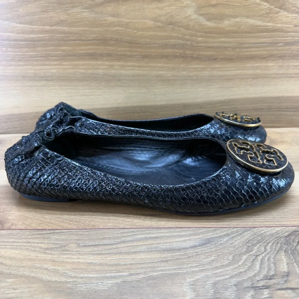Tory Burch Reva Flats Black Womens 9 M Black Snake Embossed Gold Logo Office