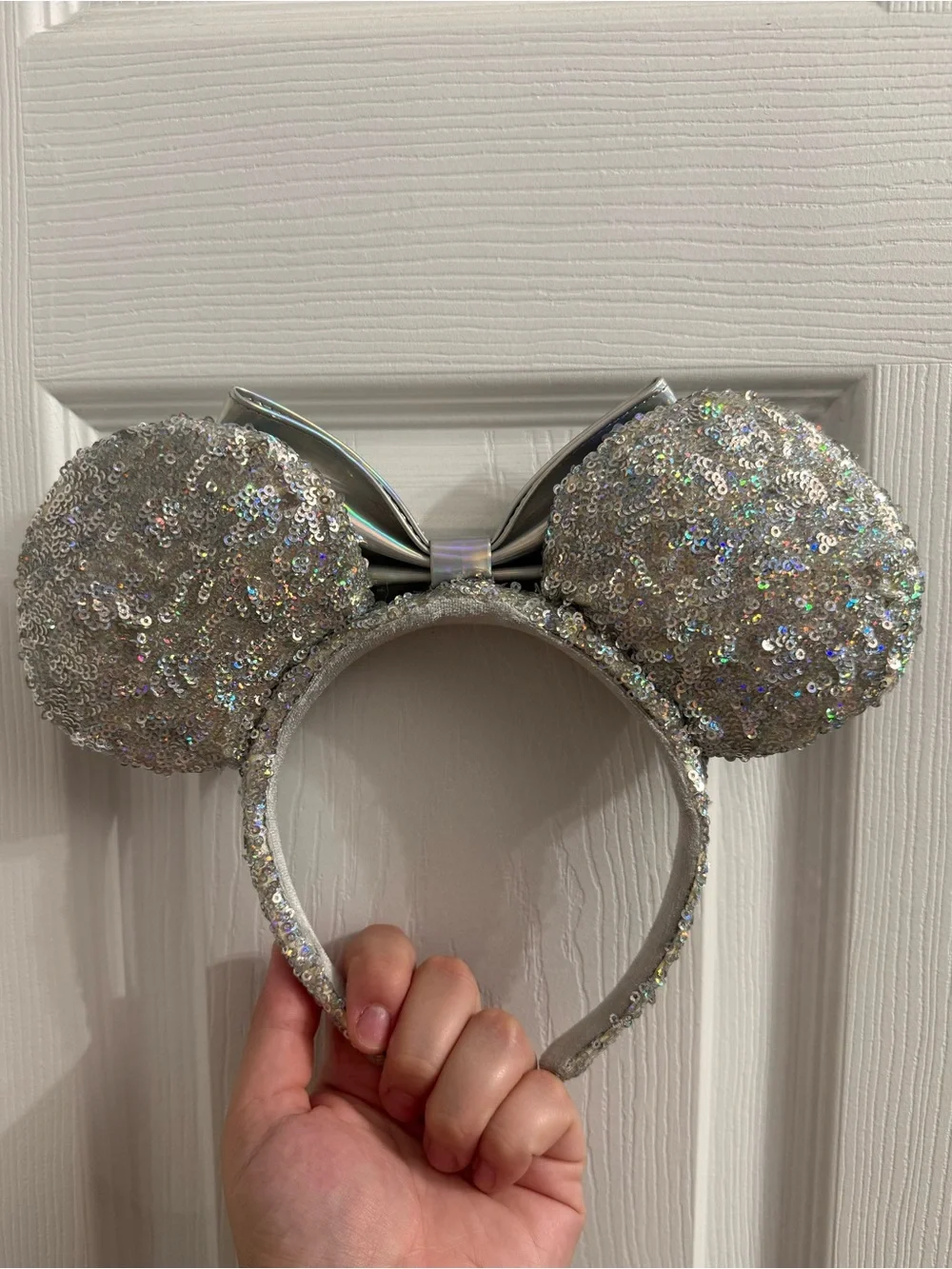 Official Disney Parks Silver Sequin Minnie Ears Headband with Holographic Bow