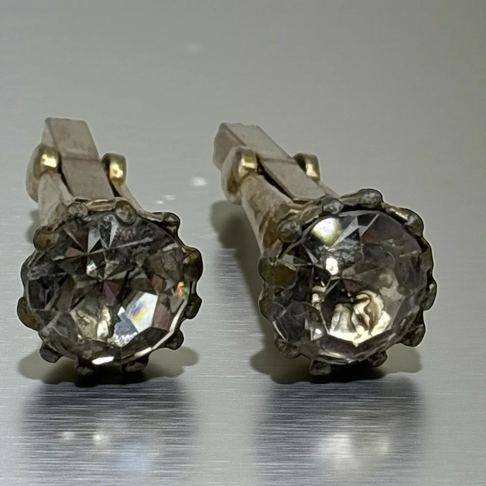 Vintage Cufflinks Large Faceted Crystal Prong Set Gold Tone Formal Suit‎ READ
