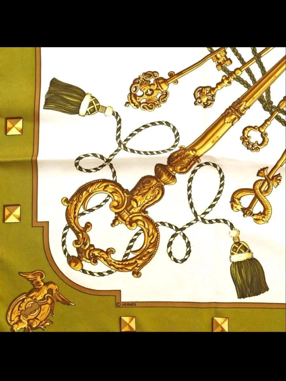 Hermes Olive Green White Gold Key Motif Silk Scarf
