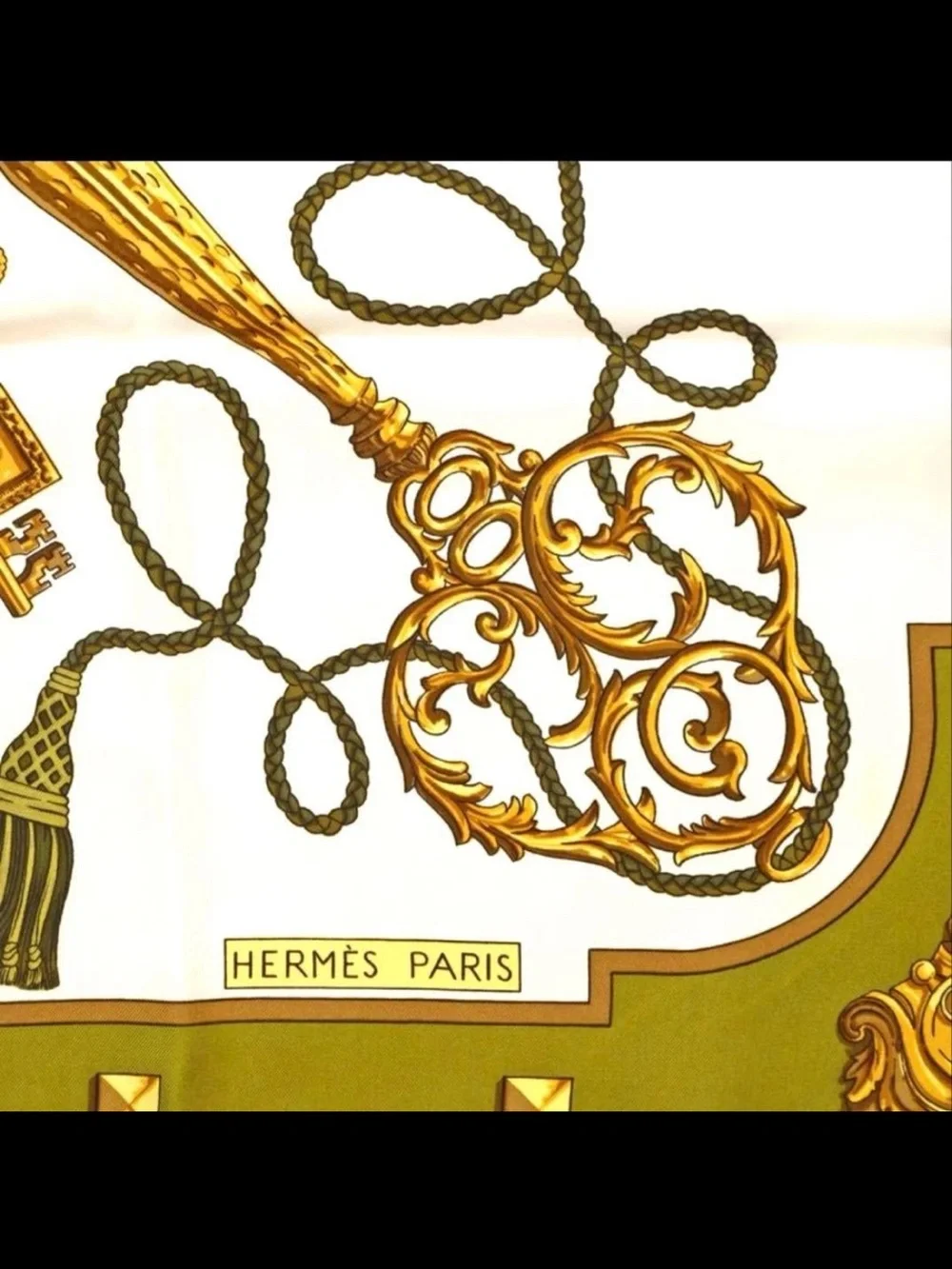 Hermes Olive Green White Gold Key Motif Silk Scarf