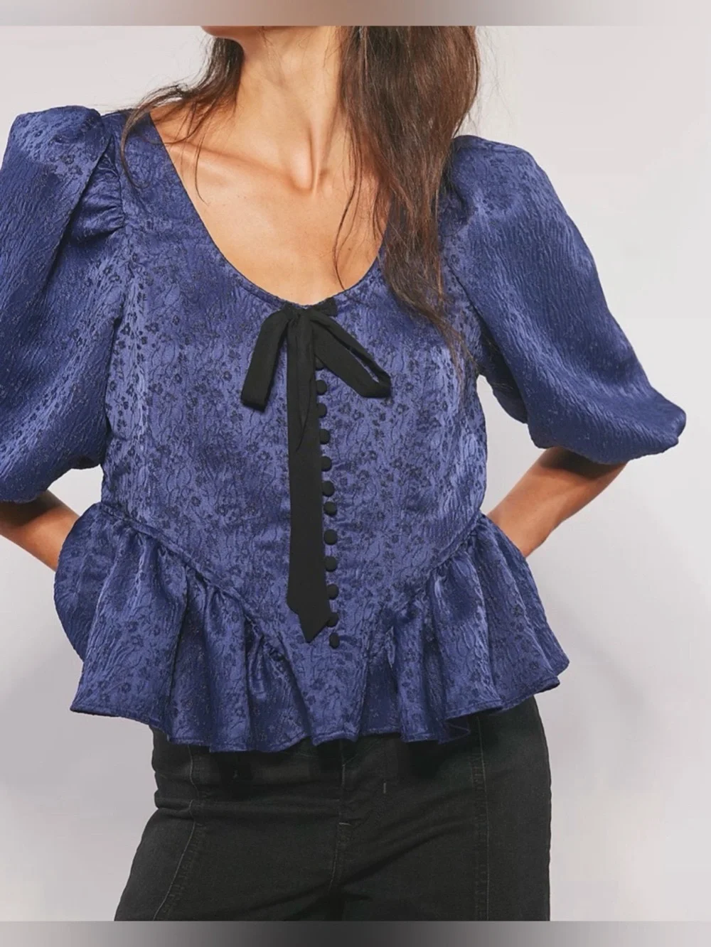 Free People Navy Peplum Blouse with Black bow, New plastic tag attached