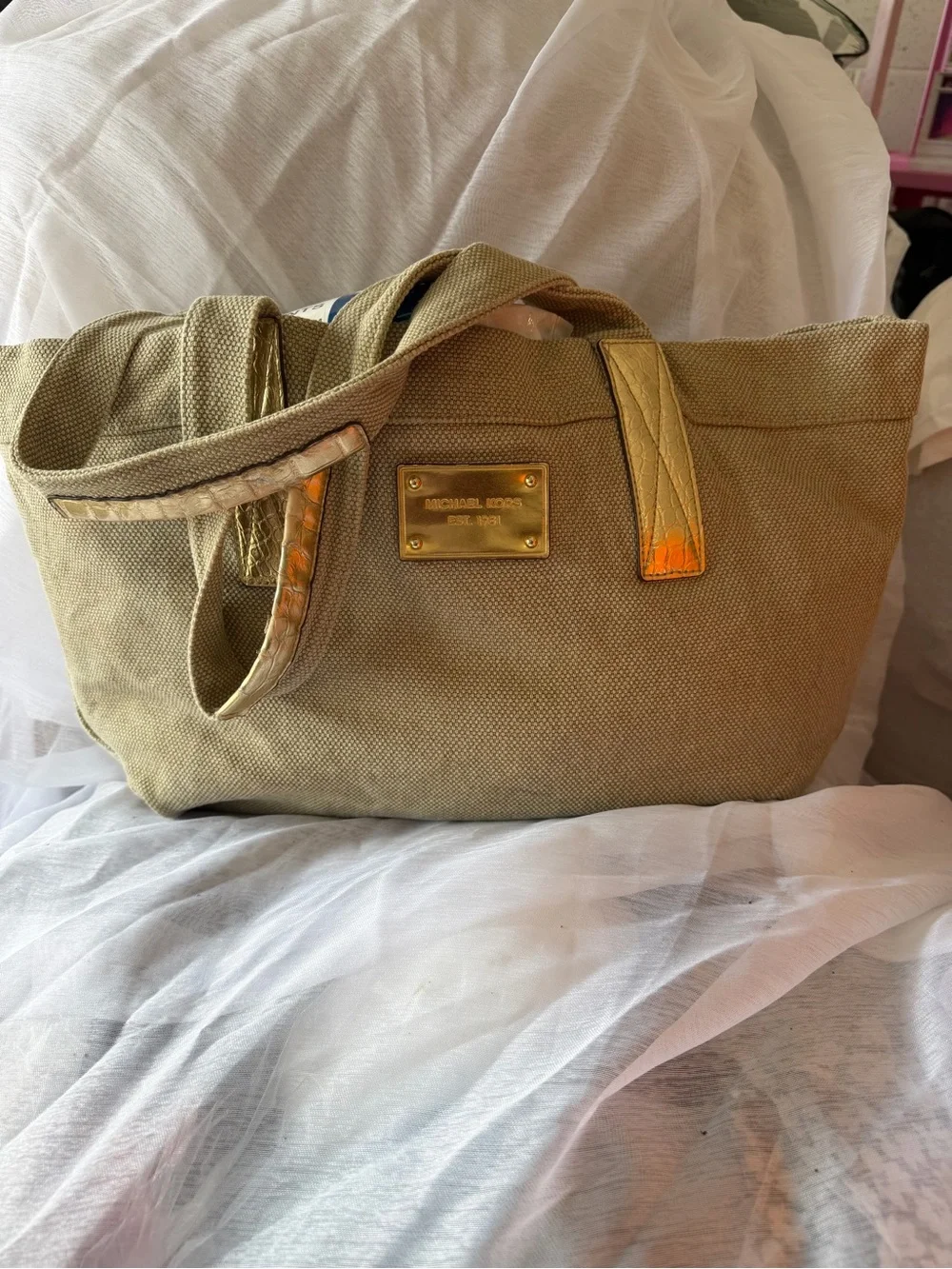 Michael Kors Olive Canvas Tote with Gold-Tone Hardware