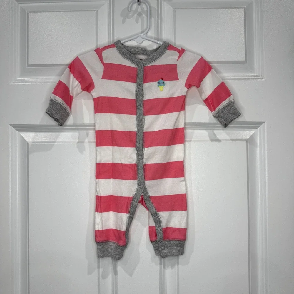 Carters Baby‎ Girl Pink Striped Ice Cream Romper Snap Up Jumpsuit Size 3 Months
