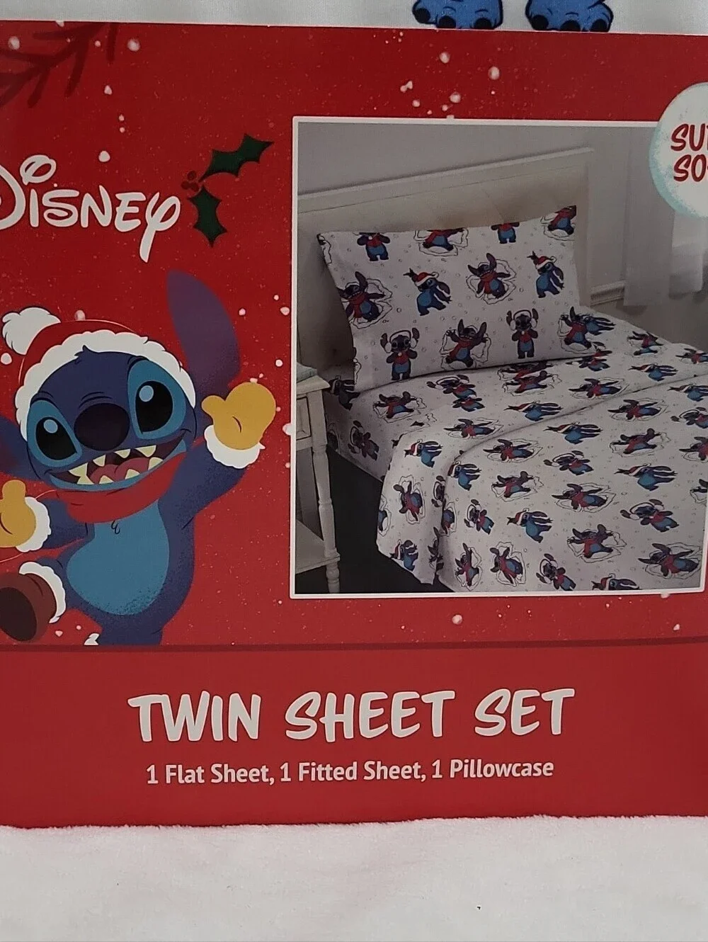 Disney Stitch Twin Sheet Set Holiday 3 Piece Set Christmas Sheets New
