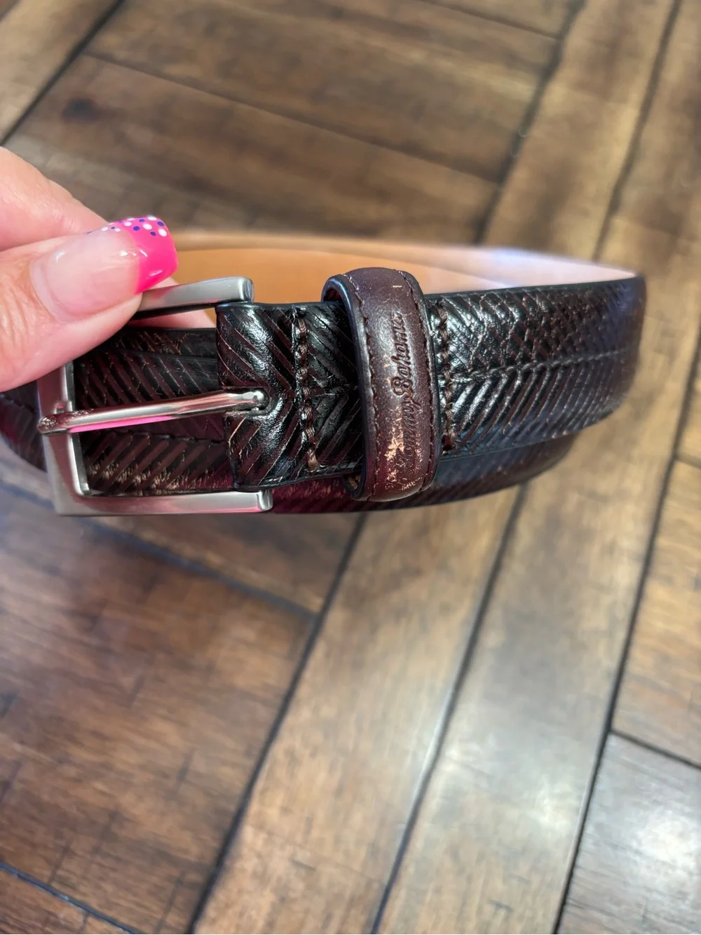 Tommy Bahama Dark Brown Textured Leather Belt with Silver Buckle