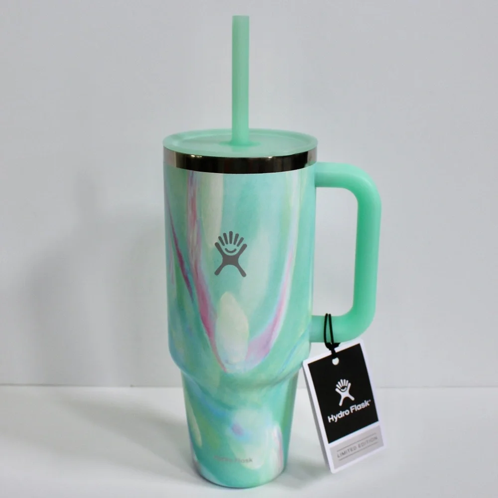 Hydro Flask Jelly Green Swirl Stainless Steel Travel Tumbler 40oz Straw & Handle