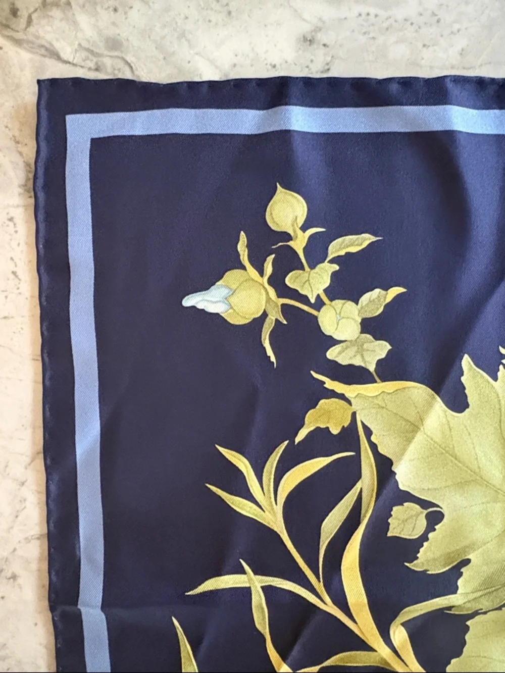 Salvatore Ferragamo Floral Silk Scarf in Navy with Pastel Blooms
