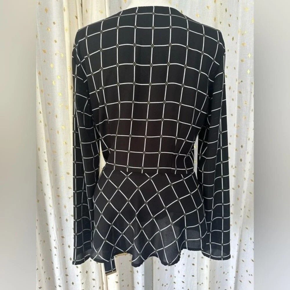Michael Kors Women's Windowpane Peplum Faux Wrap Long Sleeve Blouse Top XS