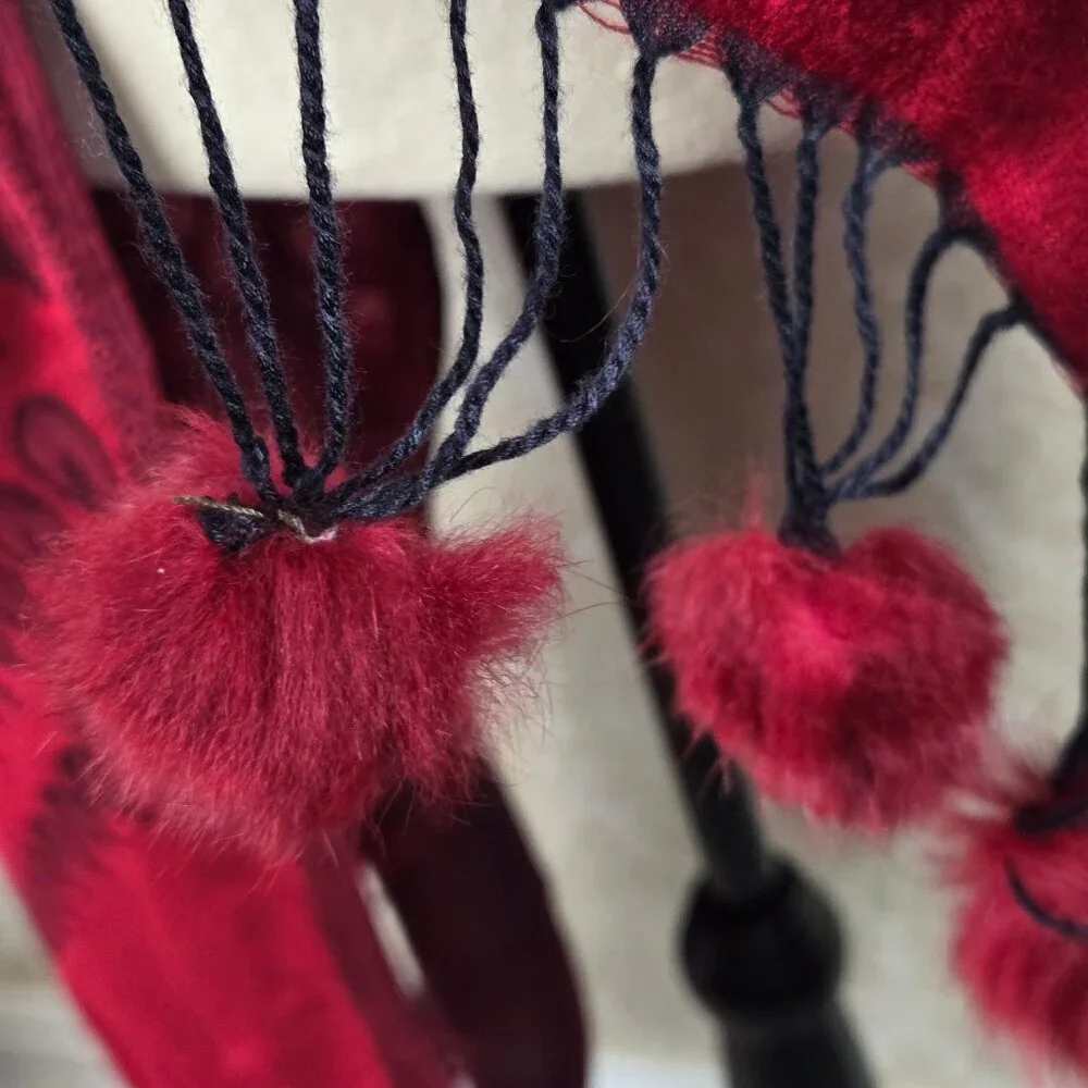 Red and Black Patterned Pashmina Real Fur PomPom Accents at Ends Cozy Warm