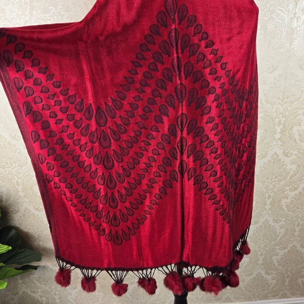 Red and Black Patterned Pashmina Real Fur PomPom Accents at Ends Cozy Warm