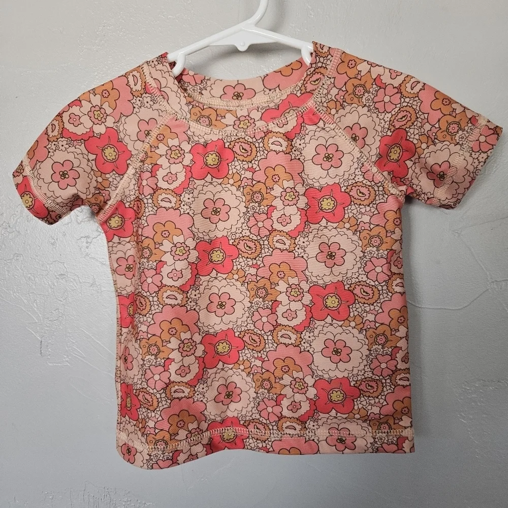 Kate Quinn Toddler Girl 2T Pink Orange Short Sleeve Rash Guard Top Floral Design