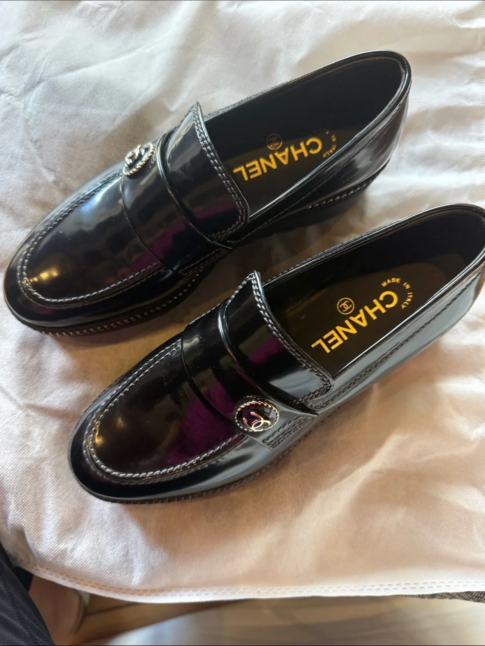 CHANEL Black Patent Leather Women’s Loafers with CC Medallion