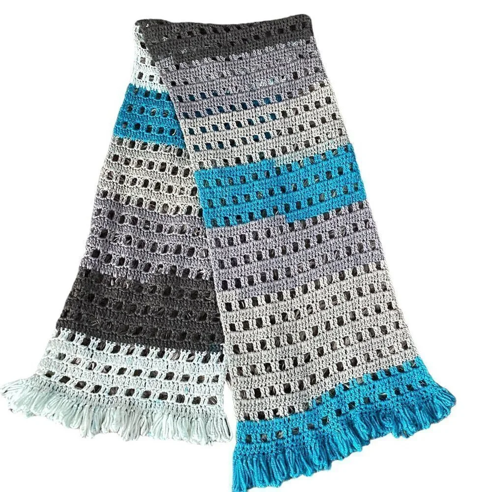 Hand Knitted/Crochet Fringed‎ Multicolor Scarf 17x78 in #168N