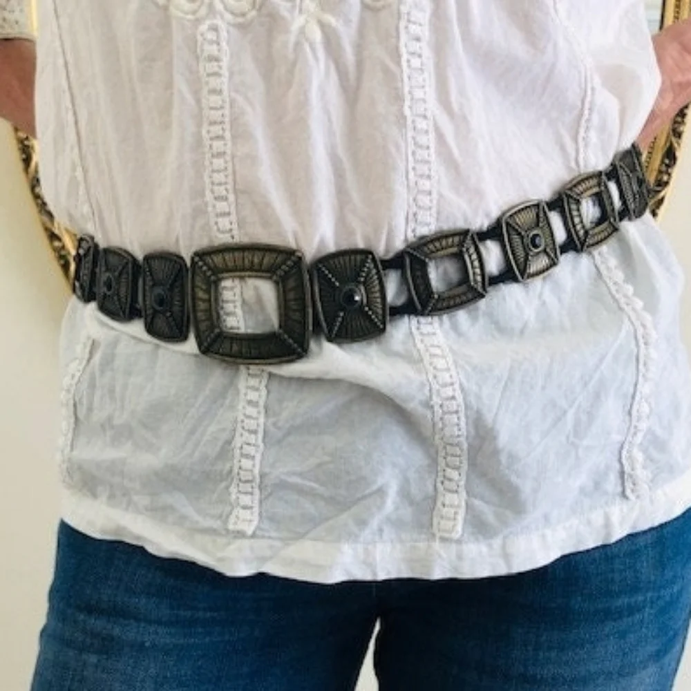 Bronze Metal Stretch Belt Boho Black Stone 37.5