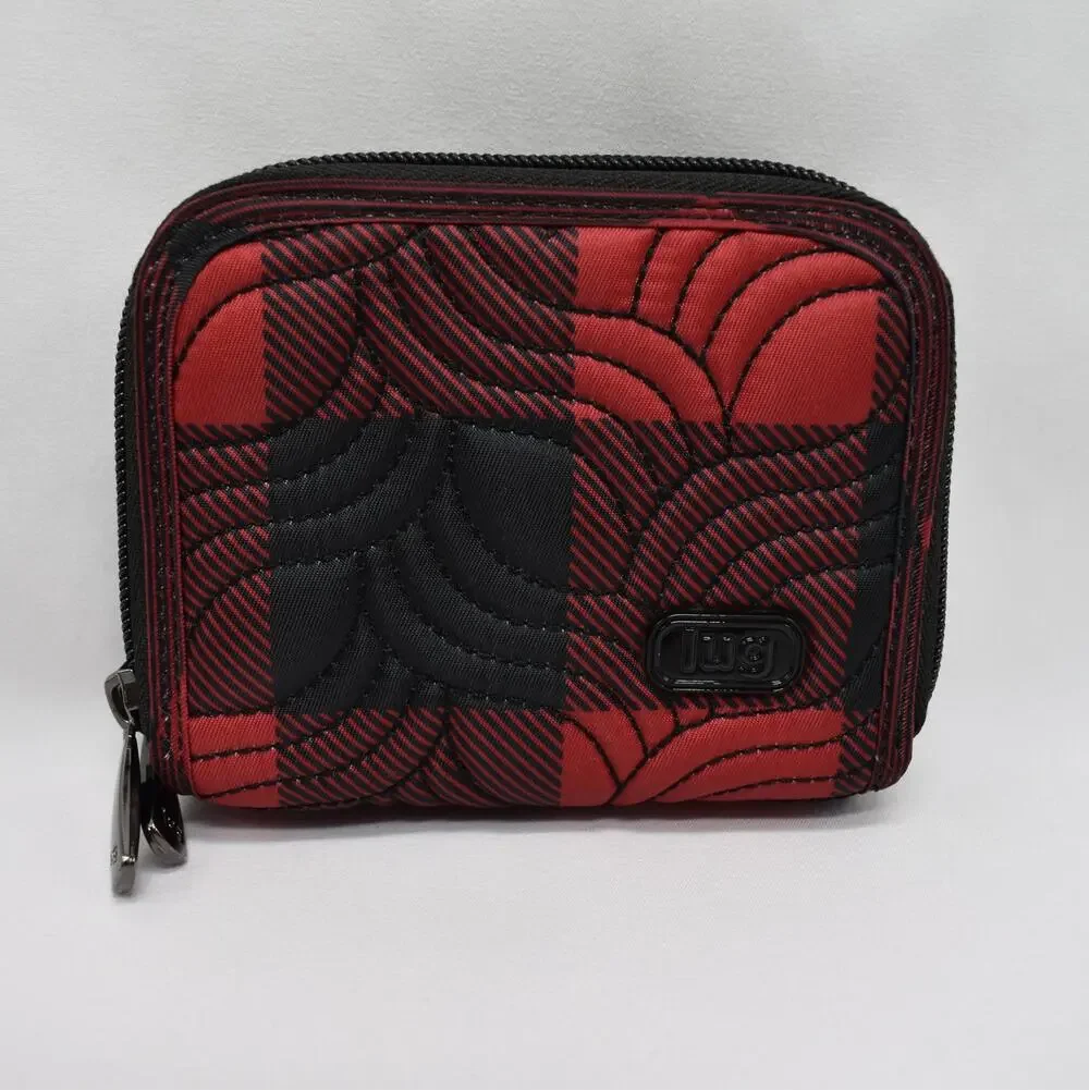 Lug Splits RFID Double Zip Wallet Black Red Quilted Buffalo Plaid Card Holder