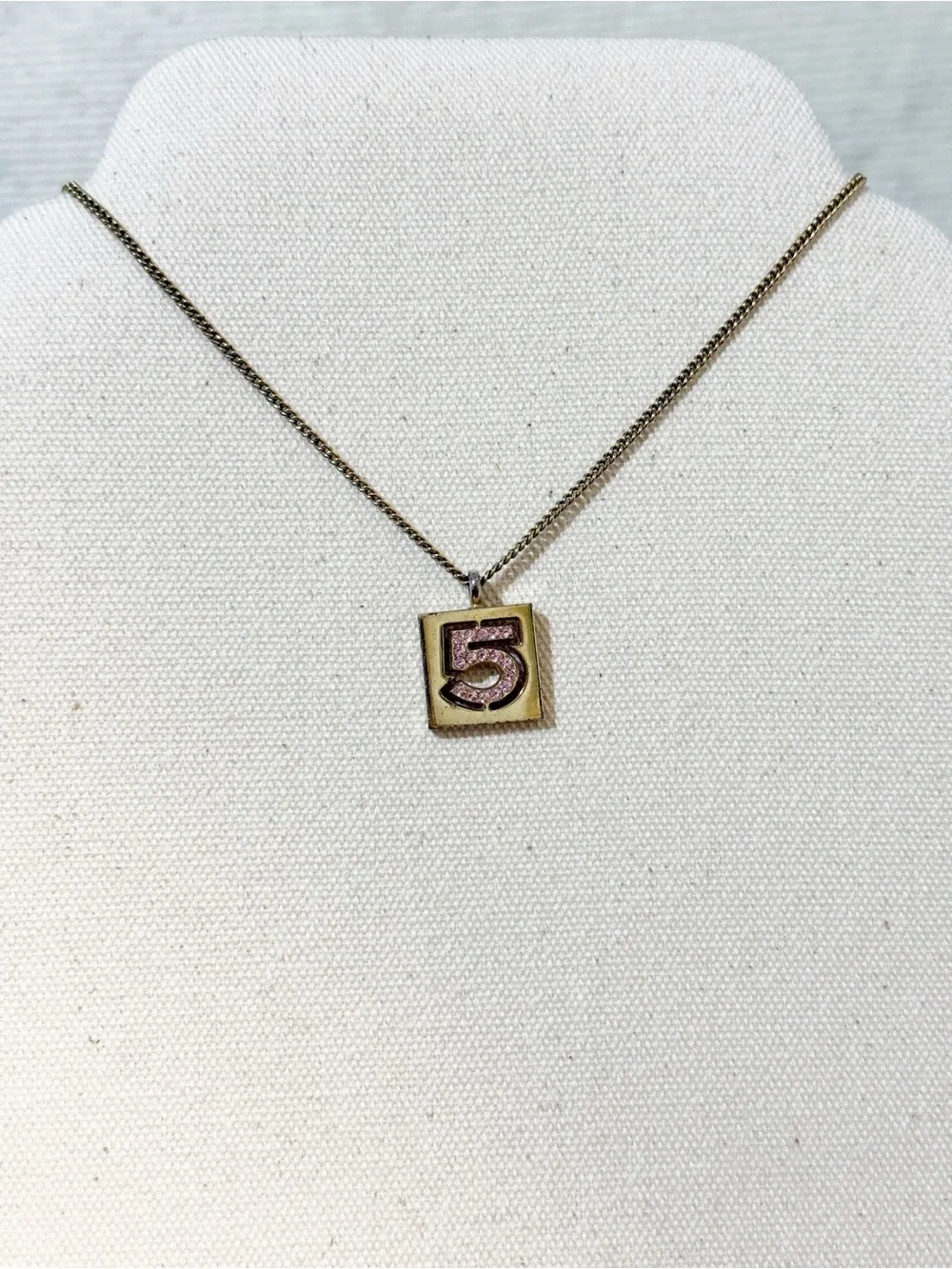 Chanel Vintage 24K Gold Plated Pink No.5 Rhinestone Pendant Necklace