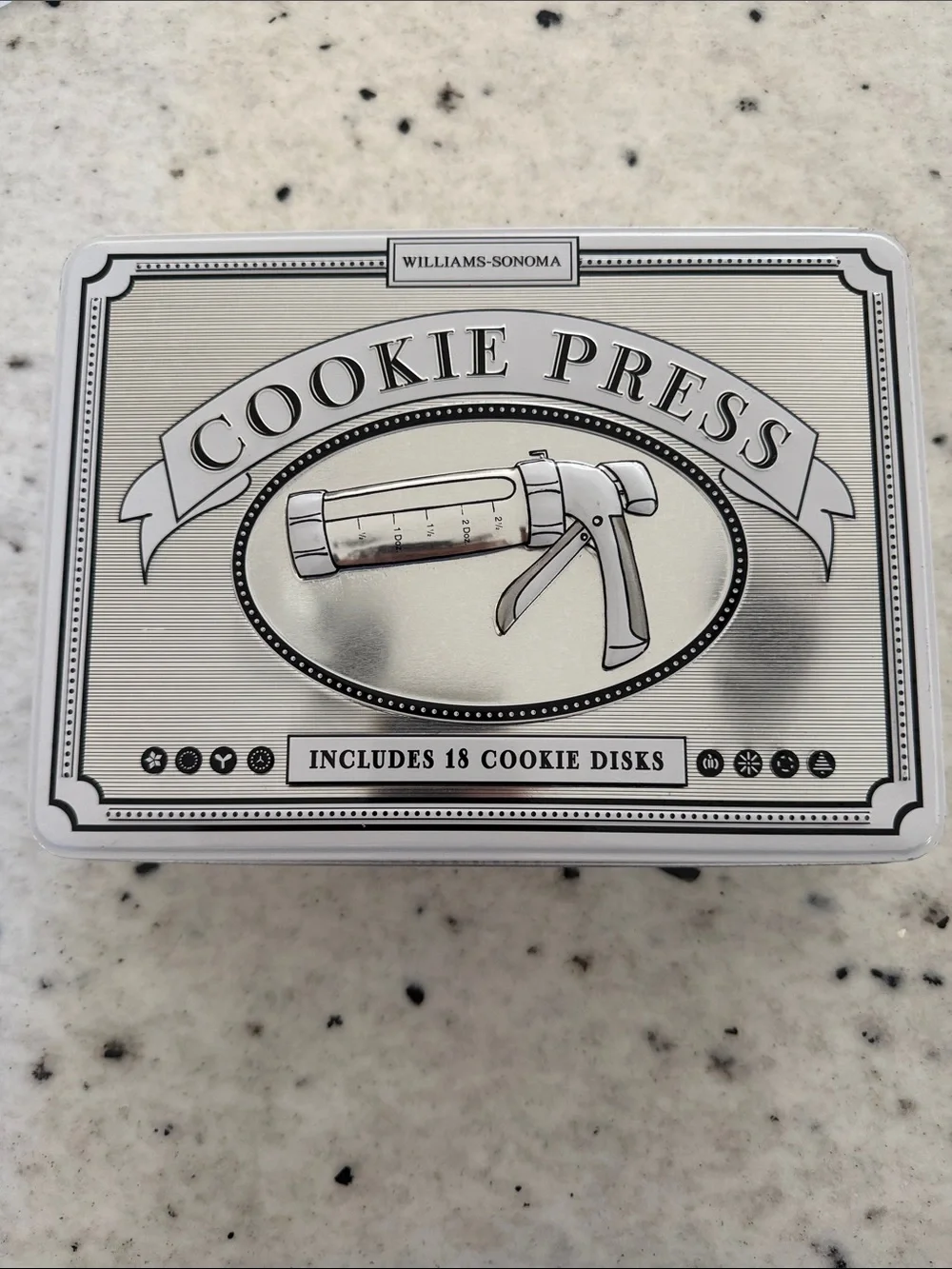 Williams Sonoma Silver Cookie Press Tin with 18 Disks