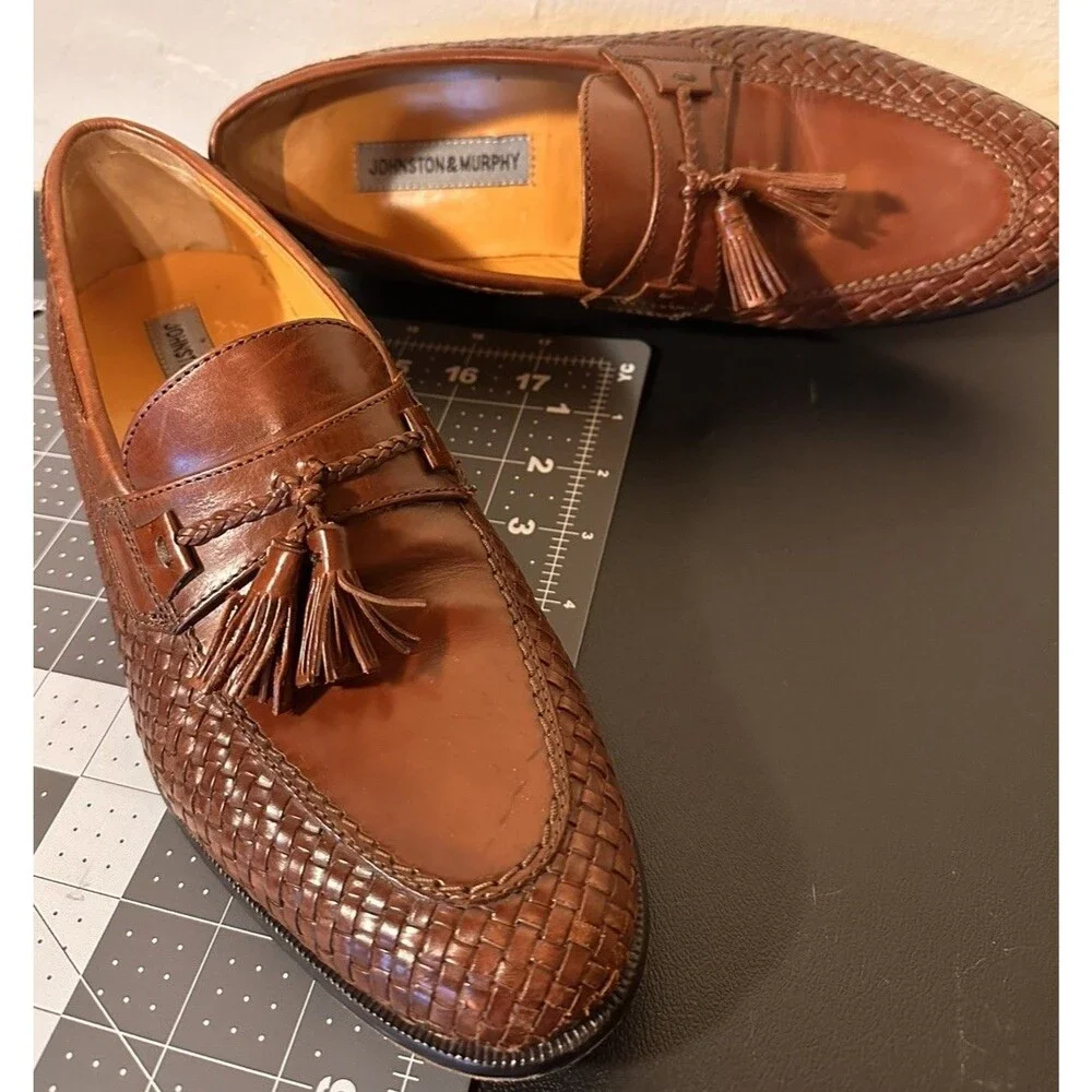 8 M Woven Leather Tassel Loafers J&M Johnston Murphy Dress Shoes Cognac Brown