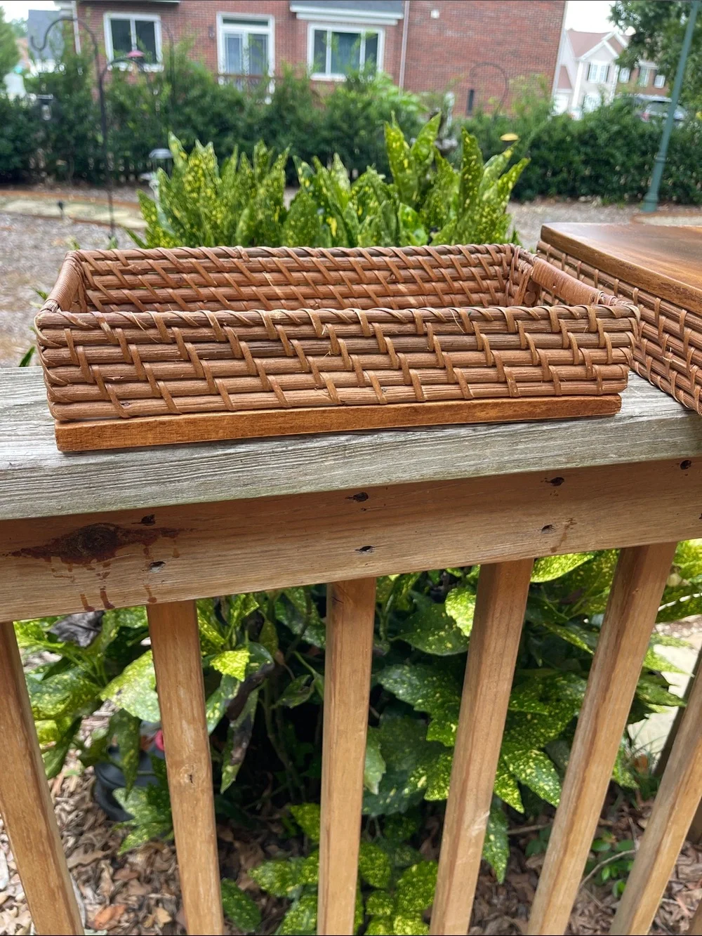 Vintage rattan and wood basket tray set of 2