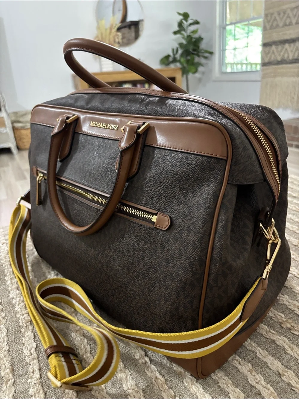 Michael Kors Signature Travel Weekender PVC Bag Brown Luggage Weekend Bag unisex