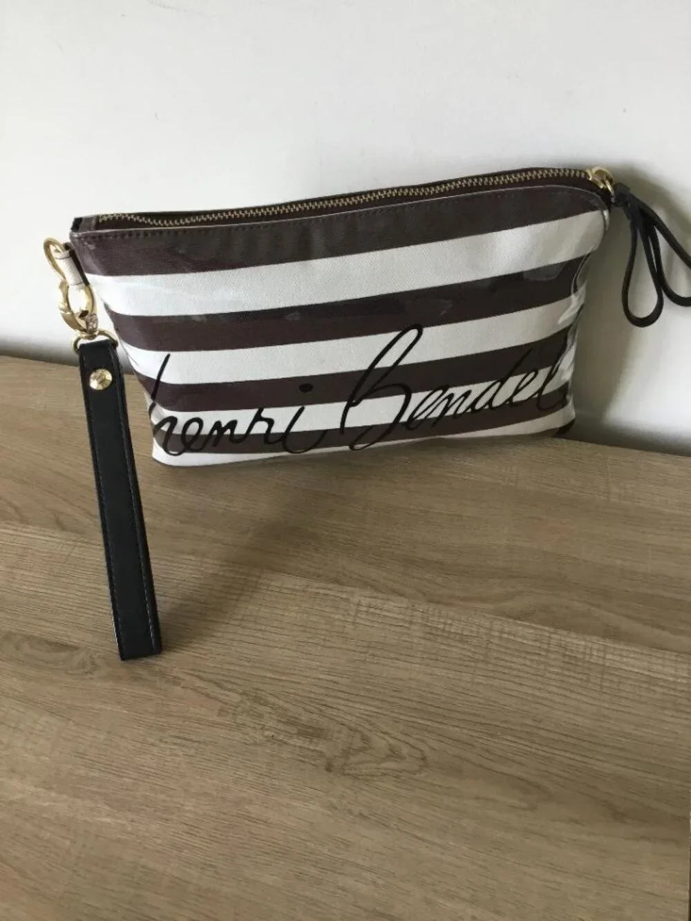 Henri Bendel Brown & White Striped Wristlet Clutch/Make Up Bag With Script Logo