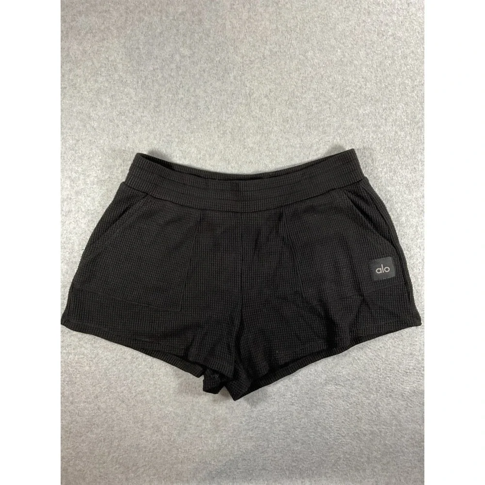 Alo Yoga Weekend Escape Waffle Knit High Waist Shorts Black Large 1602