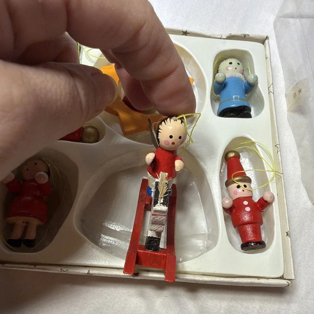 VINTAGE Lot of 7 Mini Painted Wooden Christmas Tree Ornaments SNOWMAN ANGEL