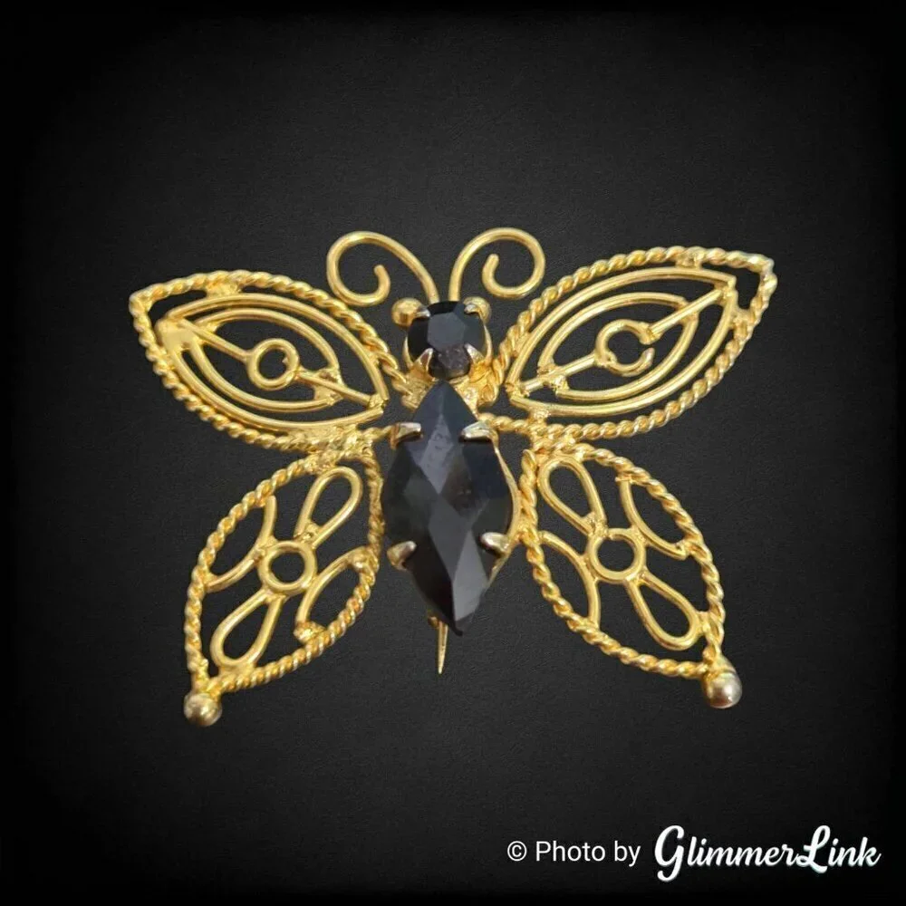 Vintage Butterfly Filigree Black Rhinestones Gold Tone Brooch Pin